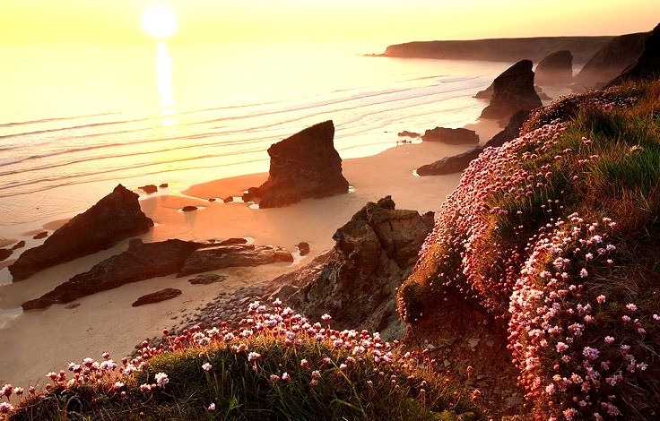 Beautiful sunset at Bedruthan Steps in Cornwall, England