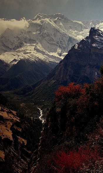 Looking back down the Marsyangdi River Valley, Himalayas, Nepal