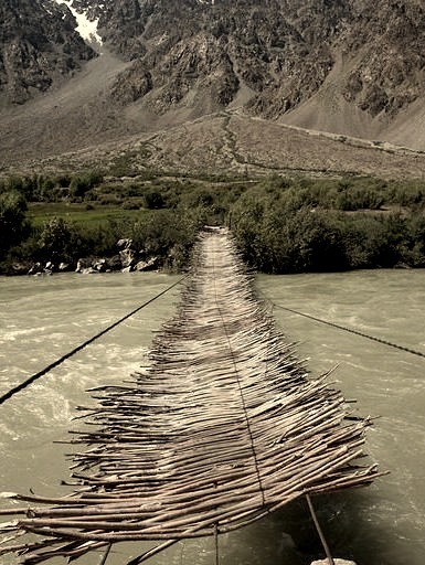 Suspended bridge in Gunt Valley, Pamir Mountains, Tajikistan